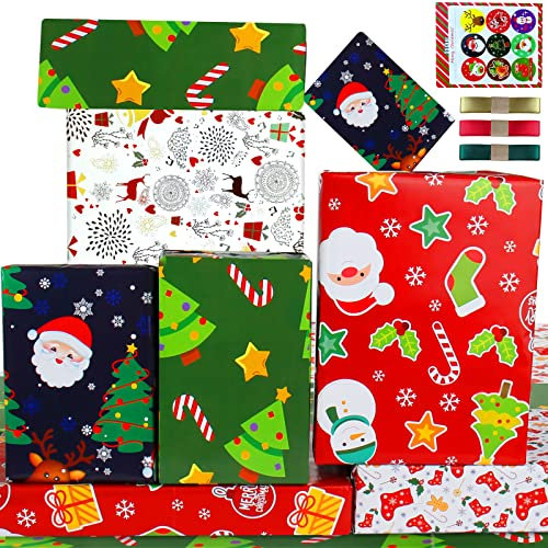Geschenkpapier Weihnachten Kinder,Weihnachtspapier Geschenkpapier für Jungen Mädchen Weihnachtsgeschenkpapier Kinder,Geschenkpapier Set Weihnachten mit Rot Grün Blau Hirsch Baum,Packpapier Weihnachten