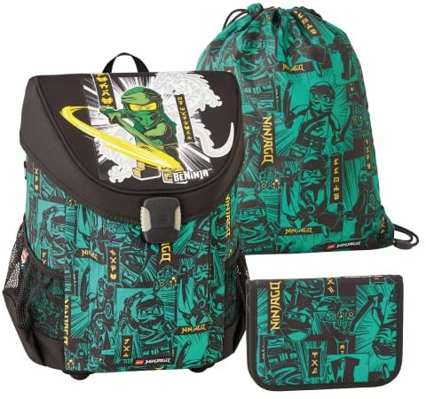 SKANDO BAGS Lego - Jungen Easy Schulranzenset 3tlg. - NINJAGO, Green 2023 - Mit Turnbeutel, Federmäppchen (inkl. Aller nötigen Schreibutensilien) - Leichtgewicht und hoher Komfort