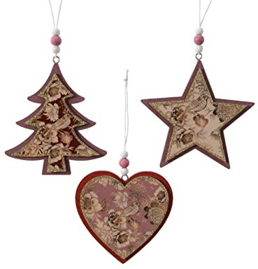 Kaemingk Decorazioni per albero di Natale, in legno, 10 cm x 3 pezzi, a forma di cuore, stella, albero con fiori, uccello, colore: rosa antico