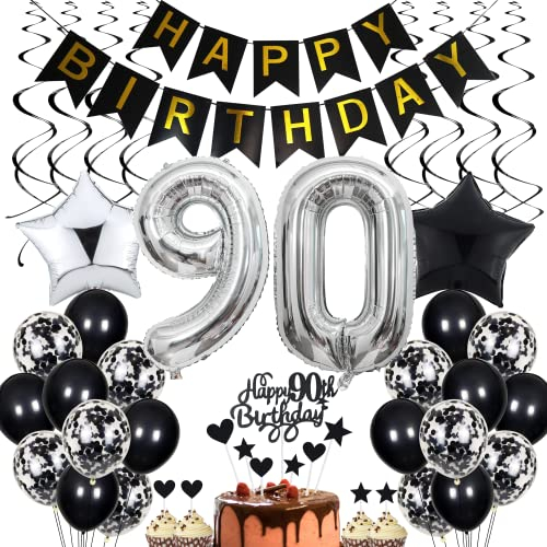 90. Geburtstag Dekoration Schwarz - Tortendeko für Männer und Frauen - Black and White Party Deko - Geburtstagsdeko 90 Jahre