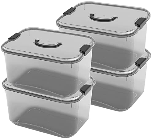 GONICVIN 6L Plastic Storage Boxes With Lid and Handles - Stackable for Home, Office (4 Packs, Black)
