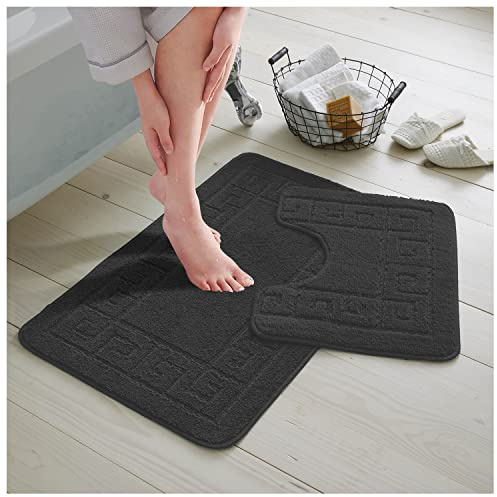 GC GAVENO CAVAILIA Bath Mat Set 2 Piece - Non Slip Bathroom Mat - Bath Rug Toilet Mat With Pedestal Set - Machine Washable Floor Mat - Charcoal