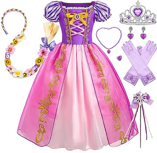 Timesun Puffärmel Angels Prinzessin Rapunzel Kostüm Kleid für Mädchen Kinder, Halloween Karneval Party Verkleidung Perücken, Kronen, Zepter, Ketten, Ringe, Ohrringe, Handschuhe (Lila, 140)