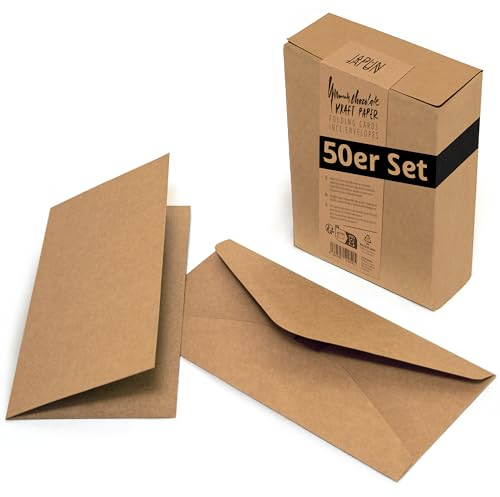 Japun - 50er Set blanko Falt-Karten inkl. Briefumschläge, Klapp-Karten zum gestalten, beschriften oder bedrucken - DIN lang - braun