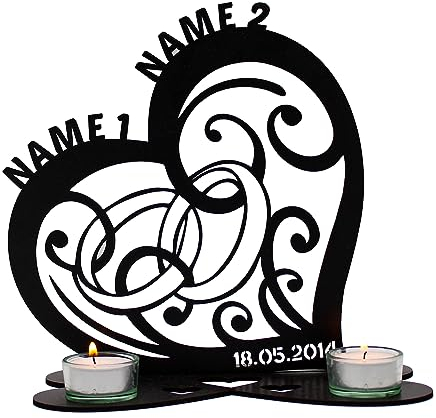 Teelichthalter Eheringe Liebesgeschenk personalisiert mit Namen und Datum Herz Individuelles Geschenk zur Hochzeit oder zum Jahrestag Hochzeitsgeschenk in 7 Farben - Tischdeko - Love