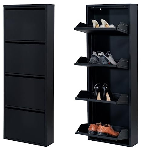 Atahome Slim Shoe Cabinet Narrow Shoe Storage Cabinet for hallway wall mounted thin flip down Tall Metal Shoe Rack Storage Organiser Shoe cupboard Indoor Troy 4-Drawer (Black)