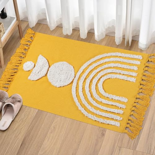 LINROMIA Teppich Klein 60x90 cm, Boho Gelb Regenbogen Getuftet Baumwollteppich mit Gewebt Quasten, Waschbarer Teppich für Badezimmer Küche Wohnzimmer Schlafzimmer Flur Esszimmer