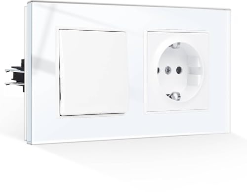 CNBINGO Glas Lichtschalter mit Schuko Steckdose Unterputz - Gehärteter Glasscheibe Steckdose mit Steckklemme - 1 Fach 1 Weg, Weiß