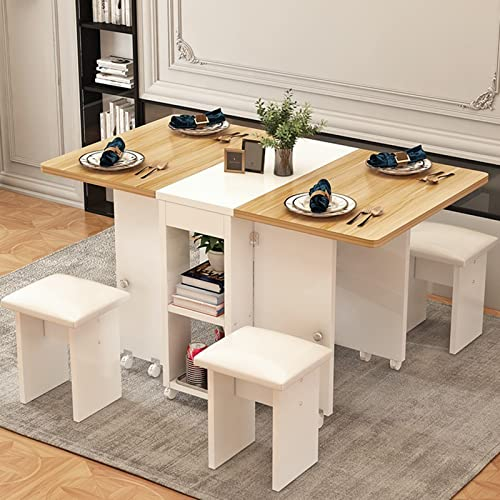Drop-Leaf-Tisch, klappbarer Esstisch, rechteckiger, erweiterbarer Küchen-Esstisch aus Holz mit Rollen und 4 Hockern, Kleiner Esstisch für Küche, Wohnzimmer, 120 cm (Weiß und Holz)/Weiß an