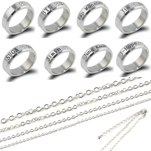 WKxinxuan BTS Ring BTS Kette, 8pcs BTS Schmuck Set, Exquisites Silber Ring Männer Frauen, BTS Schmuck Mädchen,für Frauen Ring Geschenk Freundschaftskette
