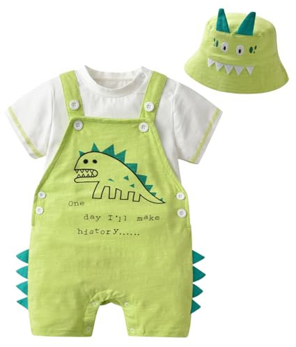 Volunboy Completi Estivi Bambino, Unisex Set di 3 Maglietta a Maniche Corte e Salopette Dinosauro con Cappelli Carino Abito Neonato Tuta(Dinosuar Verde,12-18 mesi,Taglia 80)