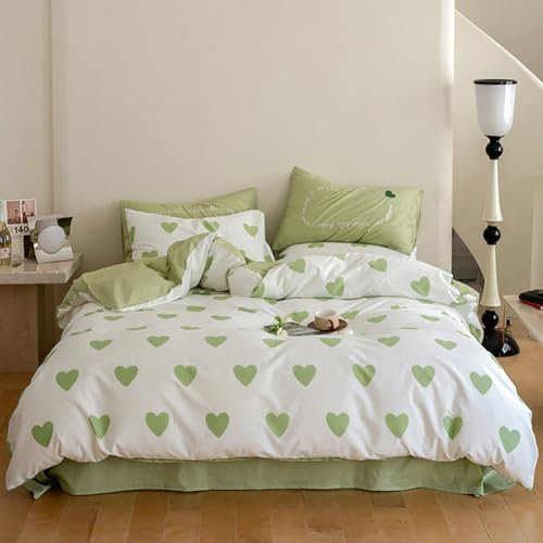 Nayoroom Herzchen Bettwäsche Grün Weiß 200x200 3 Teilig Microfaser Aesthetic Herzen Bettbezug Bettwäsche Set und Kissenbezug 80x80 cm Reißverschluss für Doppelbett