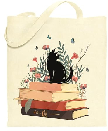 Tarklanda Baumwolltasche Bedruckt Canvas Tote Bag Aesthetic Einkaufstasche mit Katze Stoffbeutel 35 x 42 x 8 cm, Handtasche mit Innentasche, Geschenke für Frauen Freund Mama zum Geburtstag