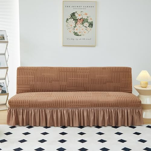 Sofabezug Ohne Armlehnen Stretch Sofabezug 3 Sitzer Ohne Armlehne Grau Jacquard Bettcouch Schonbezug Schutzhülle Rutschfest Futonbezug Faltbar Schlafsofa Sofabettüberzug mit Rock (160-190cm,CamelA)
