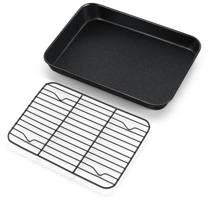 Homikit Ofenblech mit Abkühlgitter, Karbonstahl Klein Backblech Kuchenblech mit Antihaftbeschichtung, Rechteckig Backform mit Edelstahl Auskühlgitter zum Backen, 22,1x15,9x2,5cm, Ungiftig & Rostfrei