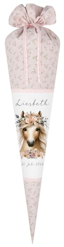 Manufaktur Liebevoll Schultüte Pferd Mädchen Einschulungstüte Mädchen Pony Name personalisierte Stoff Schultüte Zuckertüte Schulkind 2025 I (Pferd)