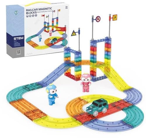 CELMAN Magnetische Bausteine Autorennbahn, 63 Stück Set 3D Magnet Bausteine Auto Rennbahn, Magnetbausteine Kinder mit Spielzeugauto, STEM Lernspielzeug für Kinder ab 3 Jahren (63 Stück)