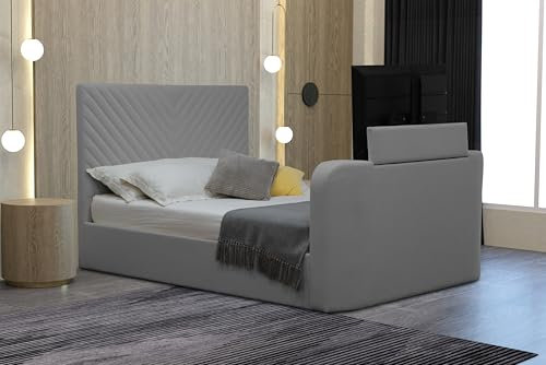 Home Treats Grey Velvet Ottoman TV Bed With Storage | Smart Bed With Remote Control TV Footboard Operation | Gas Lifting Underbed Storage (Hybrid Mattress, King Size)