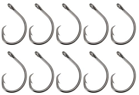 ECSiNG 10 Stück Angelhaken 10/0 Kreishaken Salzwasser-Angelhaken Big Game Haken für Thunfisch Heilbutt Barsch Kabeljau Schwarze Nickelbeschichtung