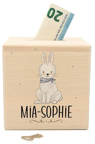 Muckelmeister Spardose Kinder Personalisiert mit Namen aus Holz - 10x10x10cm - Spardose mit Schloss und Schlüssel - Taufgeschenke für Mädchen und Jungen - originelle Geschenke zur Geburt - Hase