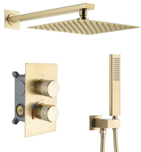 Colonne de Douche Encastrée, RSS0390 Moderne Ensemble de Douche Doré Brossé, Systèmes de Douche en Laiton 59A, 10in/12in Carré Pomme de Douche, avec Douchette à Main Cuivre, Autonettoyant, Durable
