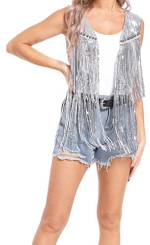 Damen Pailletten Fransen Weste Ärmellos Glitzer Quaste Jacke Vorderseite Offen Sparkle Festival Party Outfit Gilet Top