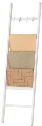 Yorbay Handtuchleiter Bambus, 6 Sprossen, Kleiderleiter mit 2 Sturzsicherheitsriemen und 4 Haken, Handtuchhalter Leiter für Dekoratives Badezimmer, Leiter Deko HxB 170 x 43 cm (Weiß)