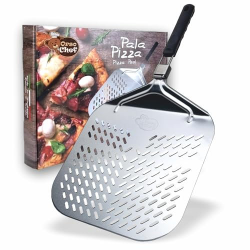 Orso Chef Pelle à pizza perforée, pelle à pizza en aluminium MAXI 32 x 32 cm. Poignée refermable, professionnelle, trous conçus pour détachement optimal, pelle à pizza, pain et focuse