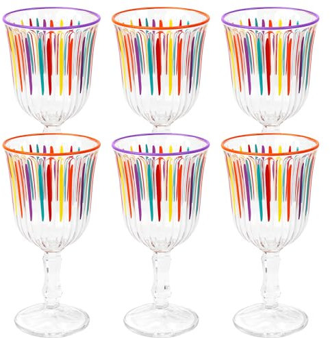 Talking Tables Lot de 6 verres à vin aux couleurs de l'arc-en-ciel à rayures pour vin, prosecco, eau, jus, cocktail, été, fête d'anniversaire, restaurant, restauration, barbecue, 240 ml