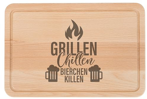 Großes Brotzeitbrett, Schneidebrett aus Buchenholz, mit Gravur 'Grillen', 30x20x1,5cm und Saftrille. Geölte Oberfläche hochwertige Lasergravur (Grillen, Chillen, Bierchen)