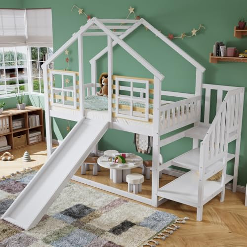 Seyakany Lit superposé en Bois 90x200 cm avec escalier et Rampe, lit Toboggan Enfant avec fenêtre, lit Enfant cabane en rondins avec Protection antichute, Blanc
