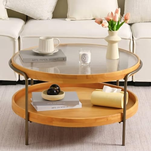 Cagnolier Couchtisch Rund, 2-Tier Couchtisch Holz, Wohnzimmertisch Rund, 76cm Coffee Table Glas mit Stauraum, Couchtischs Runder Holz aus Glas,mit Metallgestell,Ø76x45cm