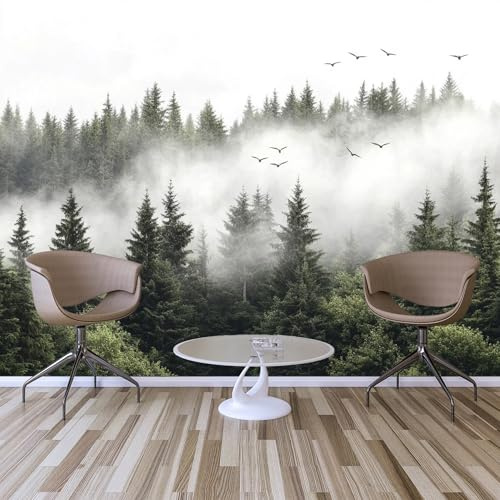 Custom Size Wall Murals,Misty Forest Birds Mural Self-Adhesive Removable Wall Covering Fabric, Large Photo Wallpaper for Living Room Bedroom Kitchen Office Kids.