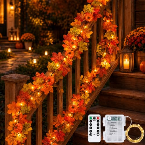 2 Stück Ahornblätter Herbstgirlande Mit 40 LEDs,175cm Herbstblätter Girlande,Herbst Girlande,Herbstdeko Lichterkette Herbstgirlande Mit Fernbedienung Timer 8 Funktionen und wasserdichtem Batteriefach