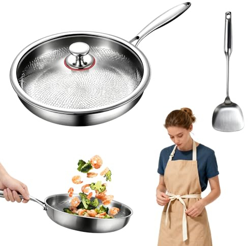 Padella in titanio puro da 24 cm, padelle in titanio con motivo padella titanio martellato per cucinare, riscaldamento,antiaderente, padella martellata con coperchio, per tutti i piani cottura | Titanium Hammered Pan Pro con coperchio, 5 strati, spessa, puro, antiaderente, antigraffio, per tutti i piani cottura a