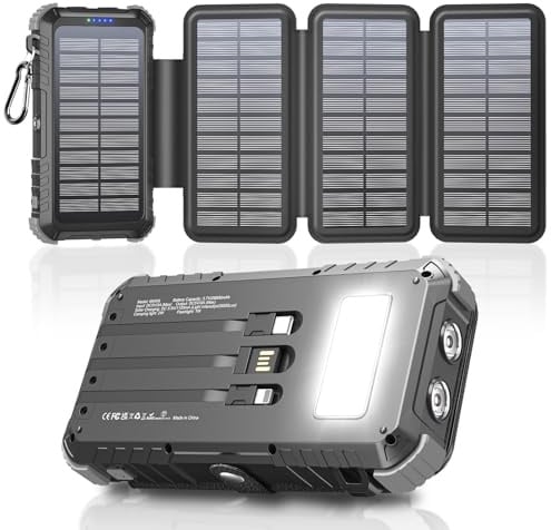 Solar Powerbank 26800mAh, Powerbank USB C 15W Schnellladung 5 Ausgänge mit 3 Kabeln, Wasserdicht Outdoor Externer Akku mit Karabiner & Taschenlampen für Camping, Phones, Tablets
