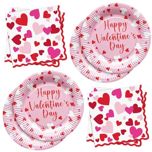 BFB Valentines Party Paper Plates Napkins and Cups Set Pink Red Disposable Tableware Serve 20