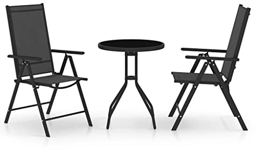 Bucmath 3-TLG. Bistro-Set Aluminium Textilene Schwarz, verstellbare Gartenstühle, runder Glastisch, wetterfestes Balkonset für Terrasse, Garten, Outdoor-Möbel, Essgruppe