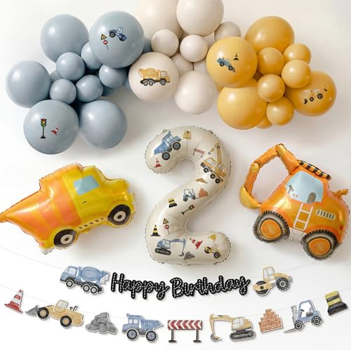 Bagger Geburtstag Deko 2 Jahre, 48 Stück Geburtstagsdeko 2 Jahre Junge | DIY-Originalaufkleber, Bagger Luftballons 2 Geburtstag Junge, Happy Birthday Banner, Baustellen Kindergeburtstag Deko 2