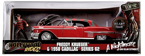 Jada Toys Freddy Krüger 1958 Cadillac Series 62, Auto, Spielzeugauto aus Die-cast, öffnende Türen, Kofferraum & Motorhaube, inkl. Freddy Krüger Figur aus Druckguss, Maßstab 1:24, rot, 253255004