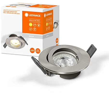 LEDVANCE LED SPOT TWIST LOCK GU10 Ø8,85cm, Einbaudecken Spot für den Innenbereich, 4,3W, Farbtemperatur 2700K, 350 Lumen, inkl. Twistlock, GU10 Sockel, Nickel gebürstet