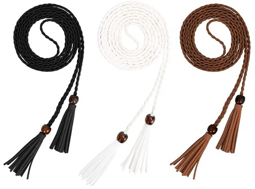 JASGOOD 3 PACK Women's Thin Waist Braided Belt Solid Color Bowknot Woven Tassels Chain Belt for Ladies Waist Rope