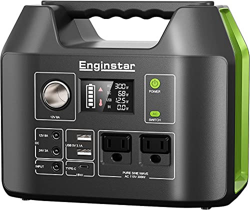EnginStar Generador solar, estación de alimentación portátil, batería de litio de 300 W, 296 Wh con dos salidas de corriente alterna de onda sinusoidal pura de 110 V para camping, viaje por carretera