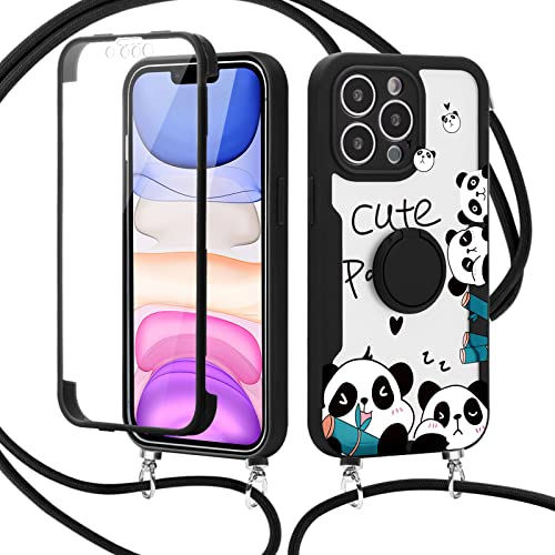 ZhuoFan Handykette Hülle für Apple iPhone 11 6,1, Full Body Case mit 360 Grad Ring Ständermit mit Kordel zum Umhängen mit Integriertem Displayschutz Silikon Stoßfest Schutzhülle, Panda