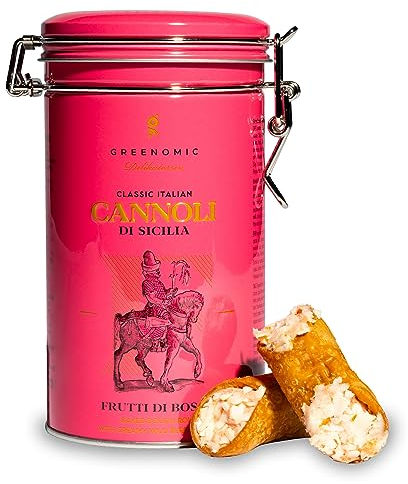 Greenomic - Cannoli-Siciliani - 200g - ideal als Geschenk - gefüllt mit zarter Waldbeeren-Cremefüllung - einzeln verpackt in charmanter Geschenkdose - italienisch-sizilianisches-Gebäck