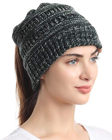 sy soul young Pferdeschwanz Messy Bun Beanie Tail Knit Hole Strickmütze Weiche Brötchen Winter mütze mit zopfloch für Damen(Einheitsgröße,3-Ton-Grün)