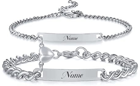 XUANPAI Personalised Engraving Couple Bracelets, Stainless Steel Cuban Link Bracelet Couple Matching Bracelets Anniversary Valentine's Lover Gift for Men Women