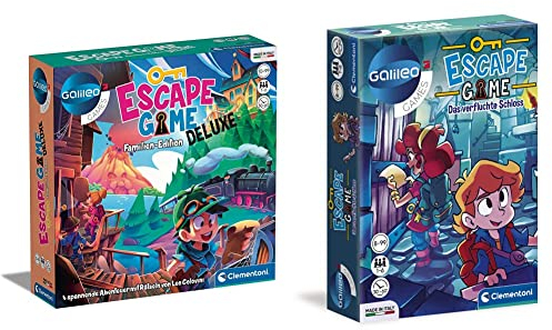 Clementoni 59257 Escape Game – Deluxe, Familien-Edition, Gesellschaftsspiel zum Rätseln, mit 4 Abenteuern, inkl. Hinweiskarten & Requisiten, ab 10 Jahren & 59225 Escape Game, ab 8 Jahren