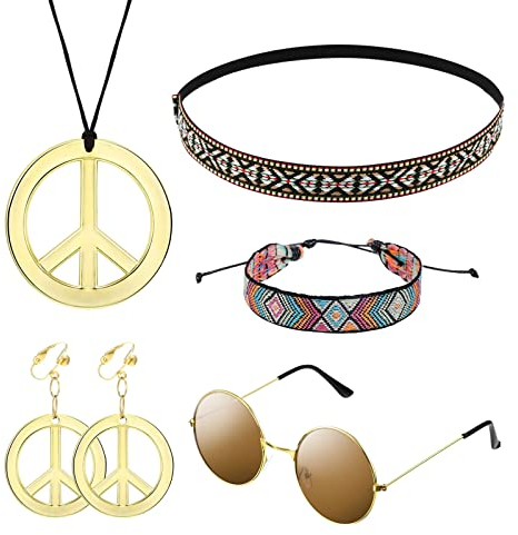 MIVAIUN 5 Pack Hippie Kostüm Set, Hippie Accessoires, 60er 70er 80er Jahre Bekleidung Accessoires, 60er Jahre Party Zubehör Kit, Sonnenbrille, Frieden Zeichen Halskette, Böhmen Stirnband
