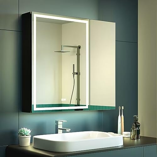 KWW 75 x 70 cm Double Porte LED éclairage Armoire à Pharmacie de Salle de Bains avec Miroir, Température de Couleur Réglable, Anti - Buée Dimmer, Prise et USB, Armoire à Pharmacie Murale